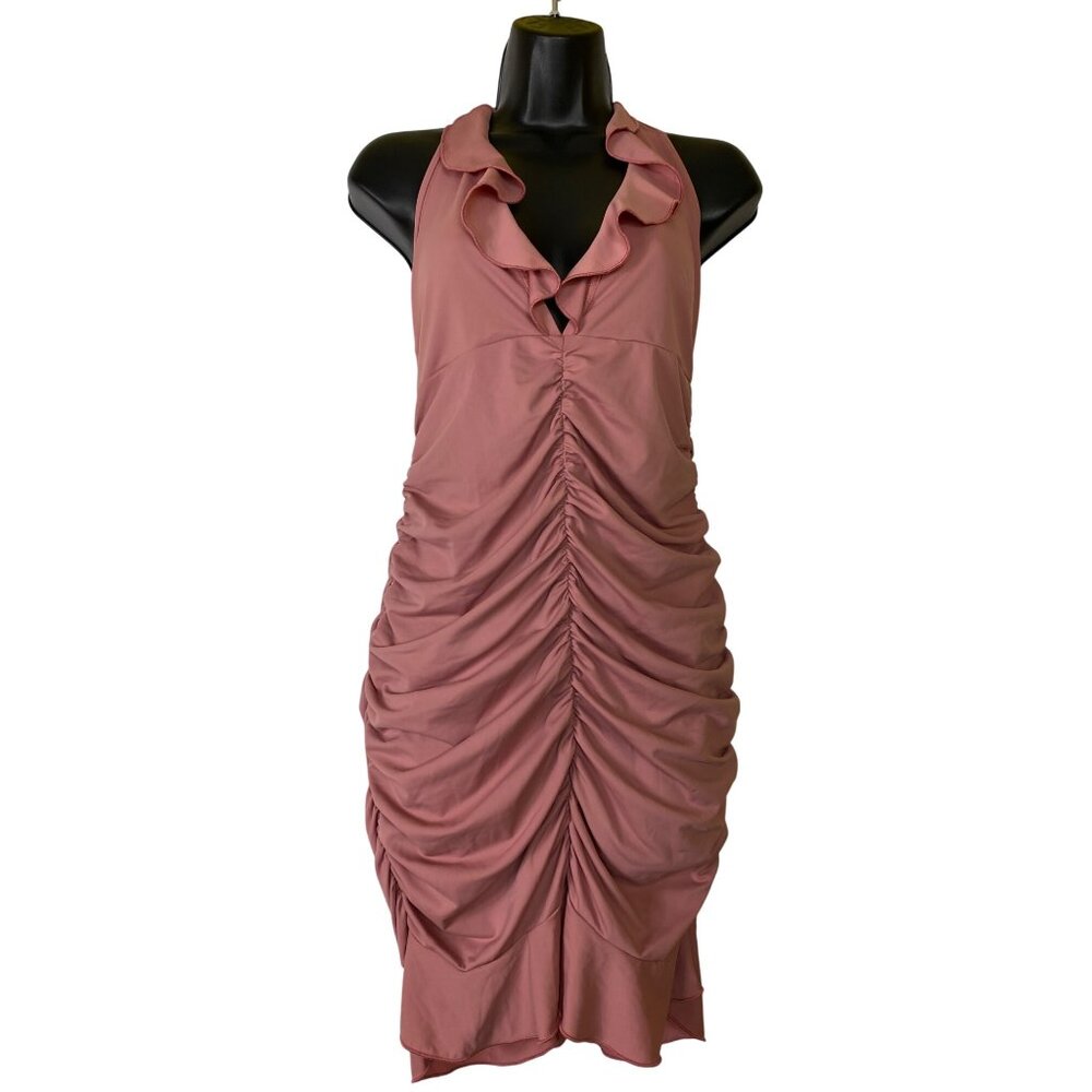 Ruched Pink Halter Neck Dress Medium Sexy Date Party Club Y2K Ruffle Bodycon Hot